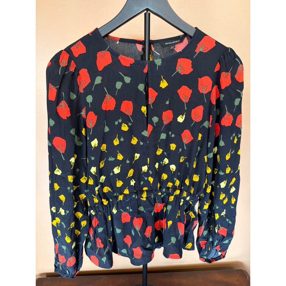 Banana Republic Floral Poppy Peplum Blouse Black Red Yellow Long Sleeve M‎